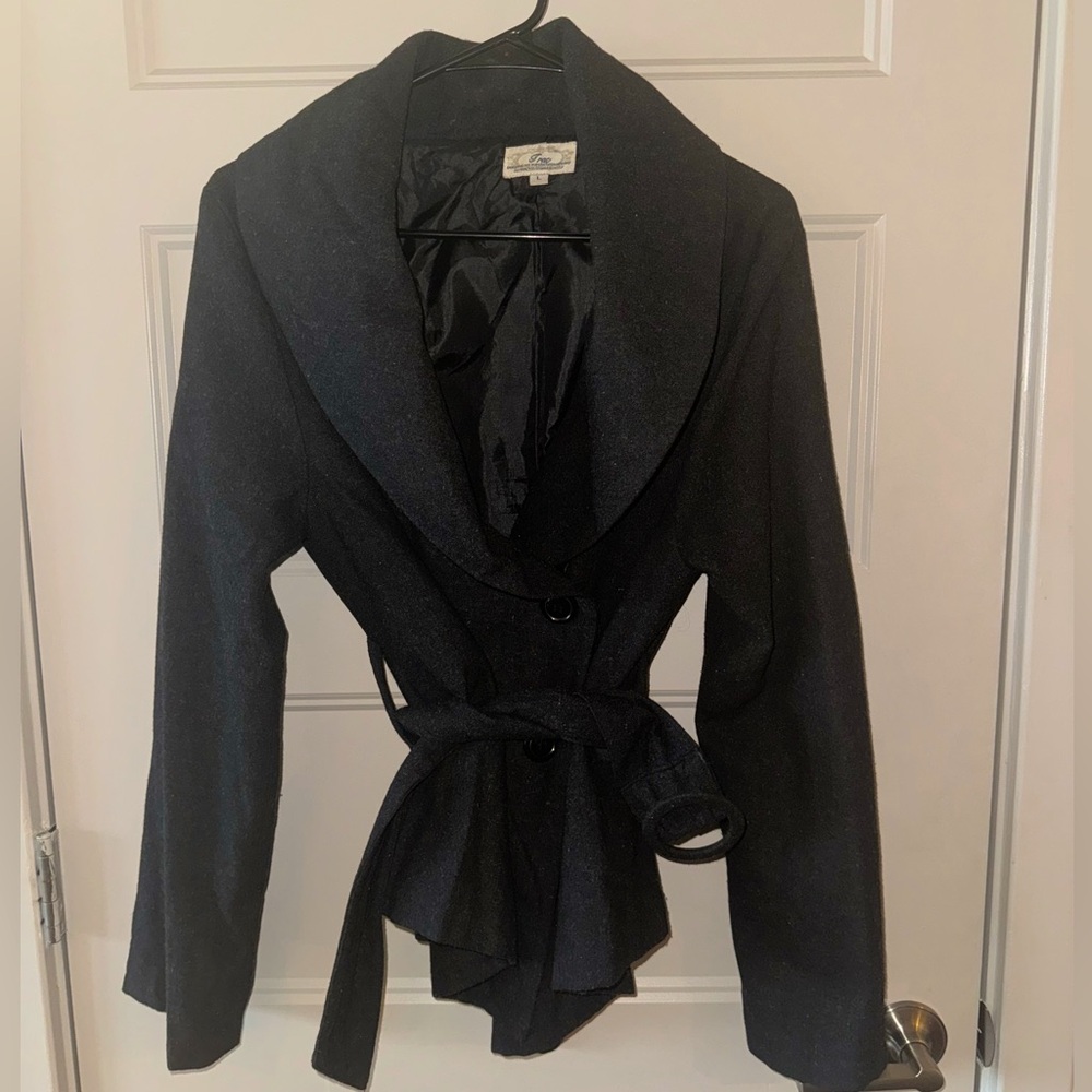 Cropped belted wool blend dark heather grey jacket